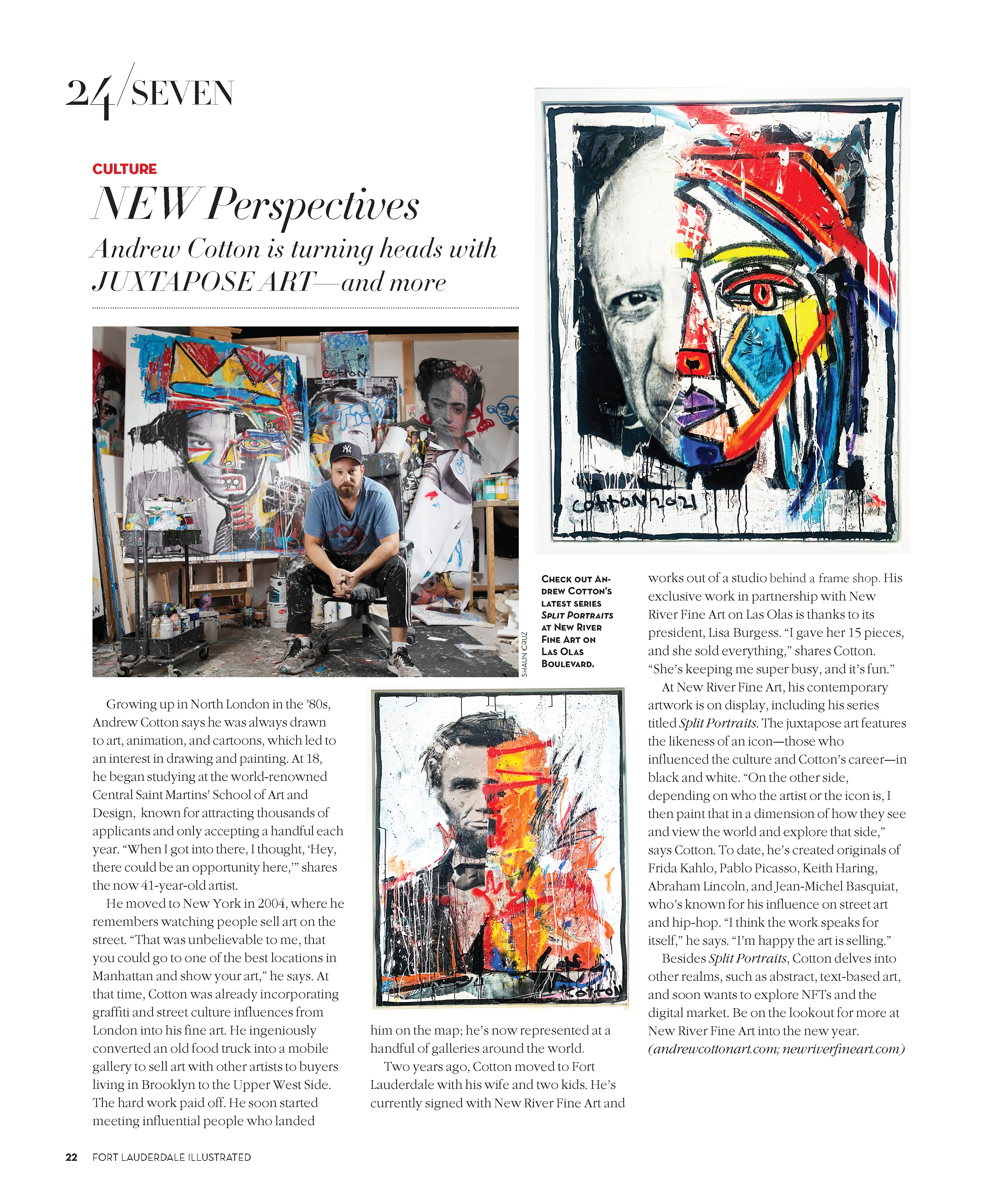 Andrew Cotton in his studio with a screenshot of his article in Fort Lauderdale Illustrated magazine