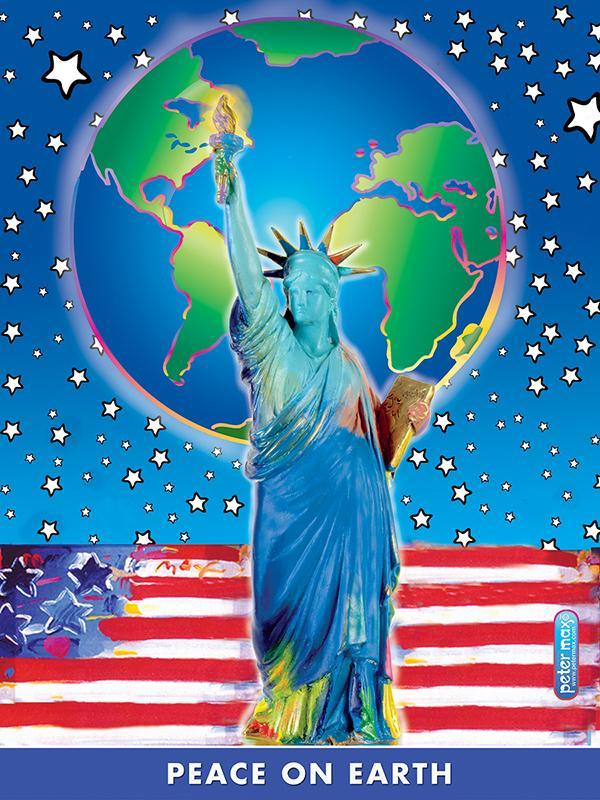 Poster of Lady Liberty in front of globe and American flag by Peter Max