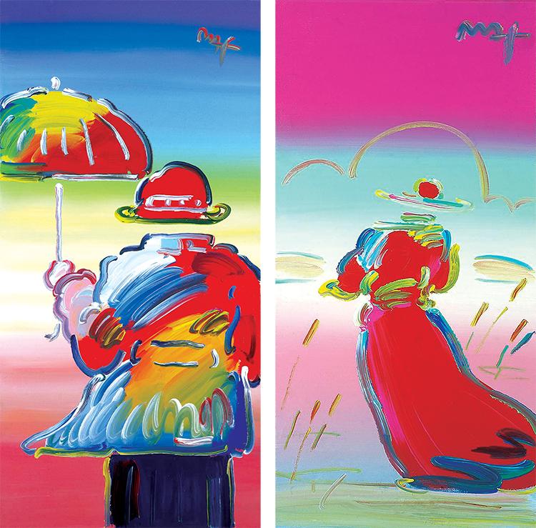 Details of two colorful paintings by Peter Max