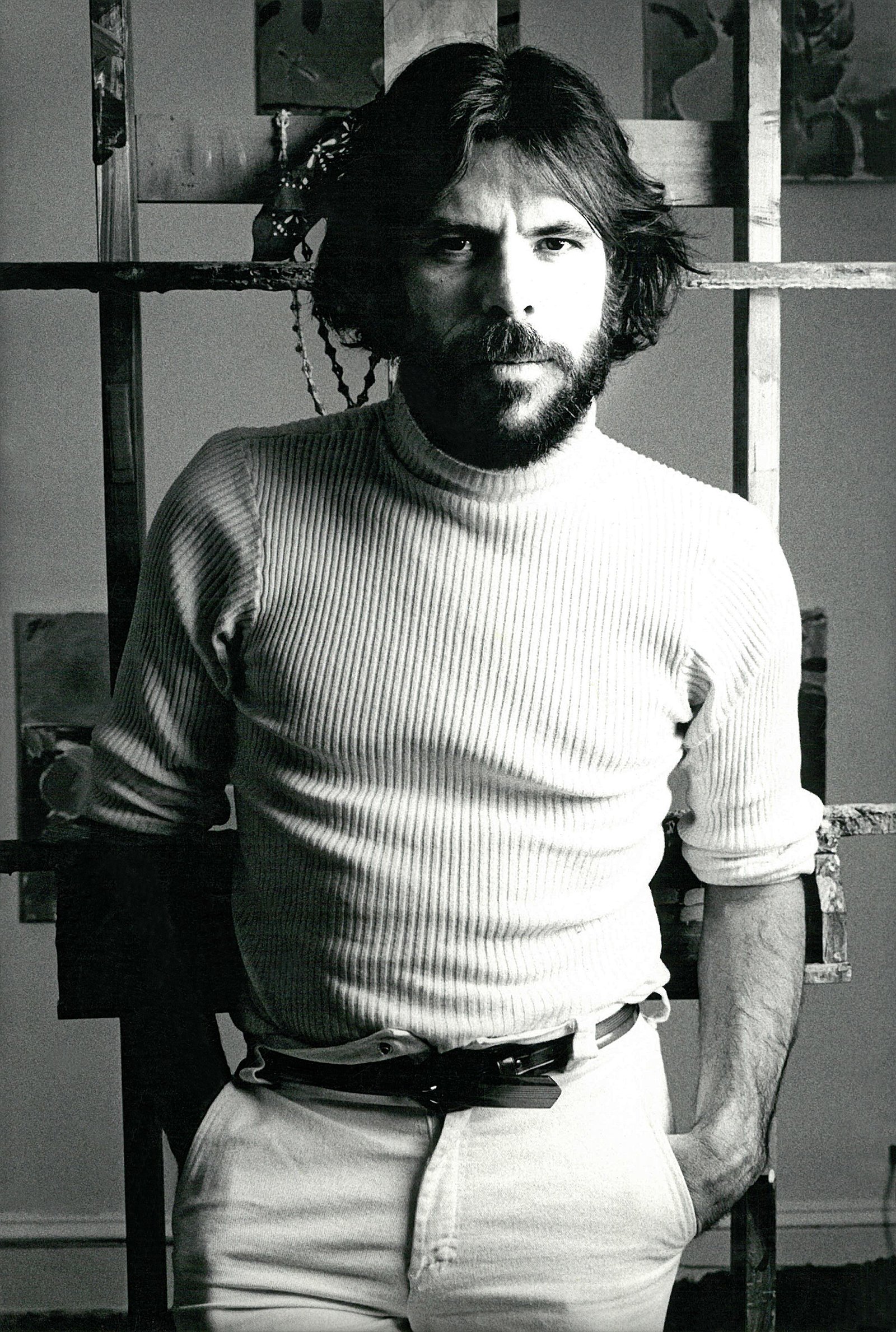 Moody black and white portrait of Peter Max