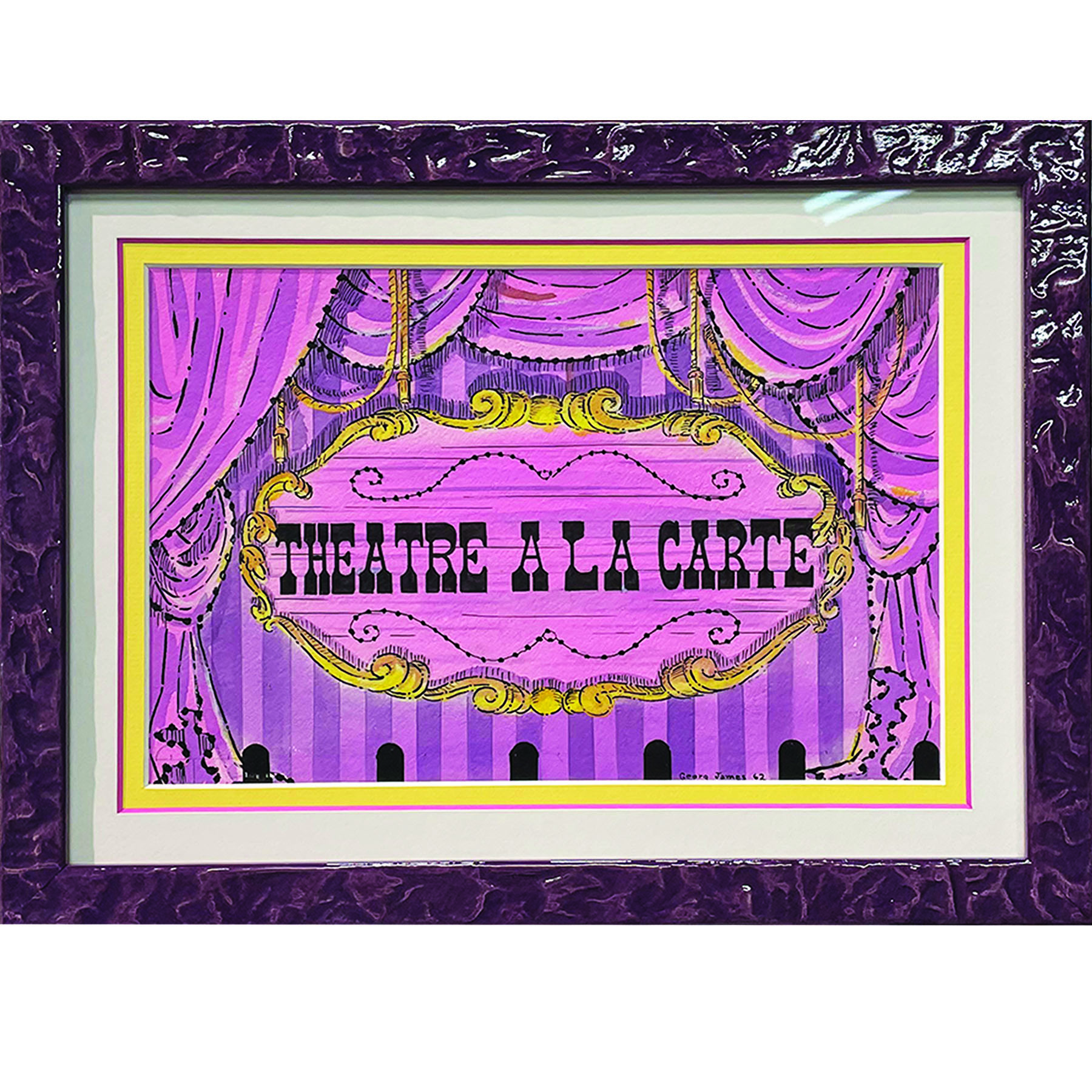 Purple and yellow artwork in a textured purple custom frame with white and yellow mat