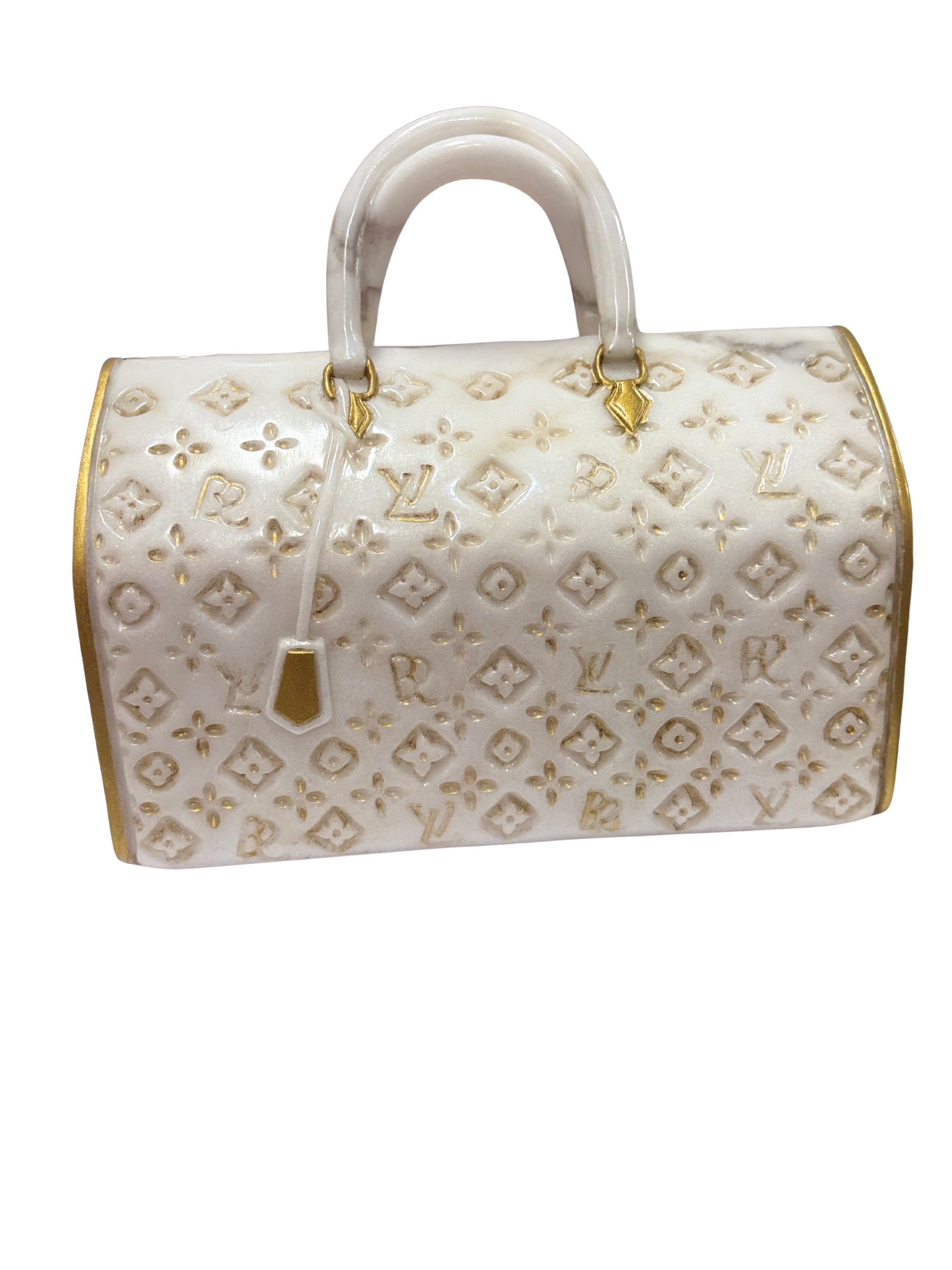 LV Speedy 30 (2025), hand-carved marble sculpture by Ayden Snider