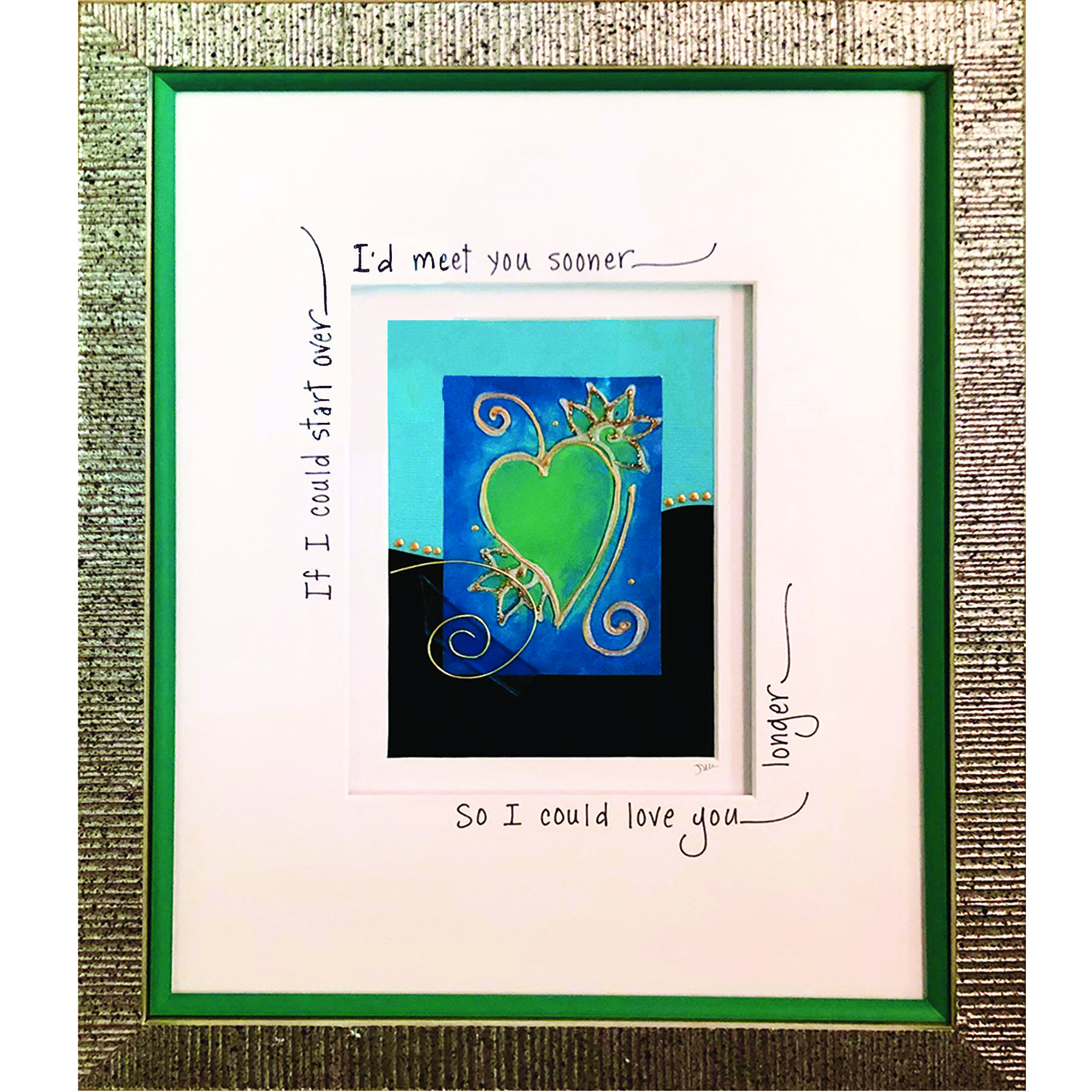 Teal artwork in textured silver frame with calligraphy on mat