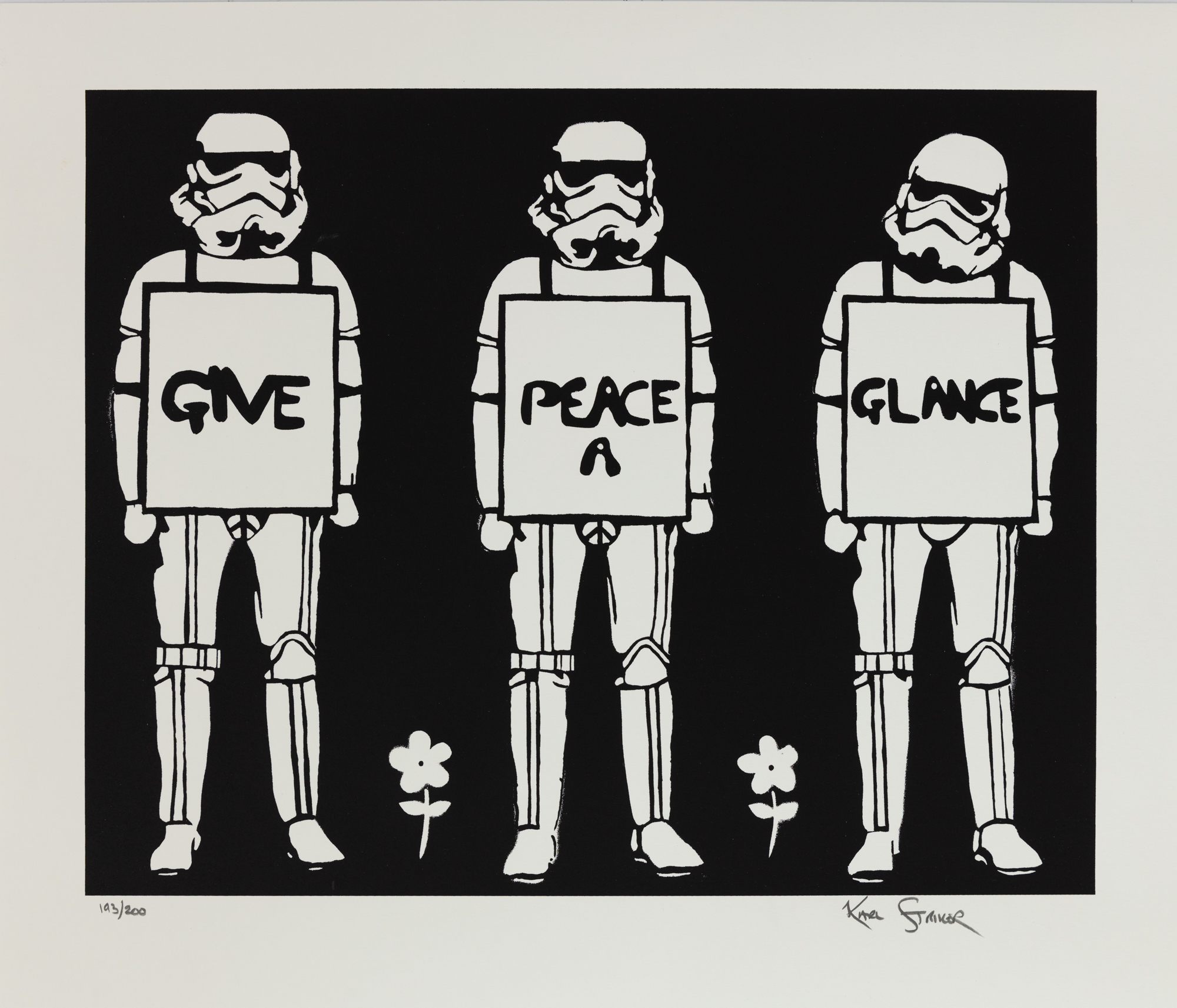 Black and white street Star Wars art print titled Give Peace a Glance by Karl Striker