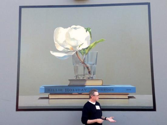 Guy Diehl with his mural "Still Life with Billie Holiday," Davis, California. Photo: John Seed