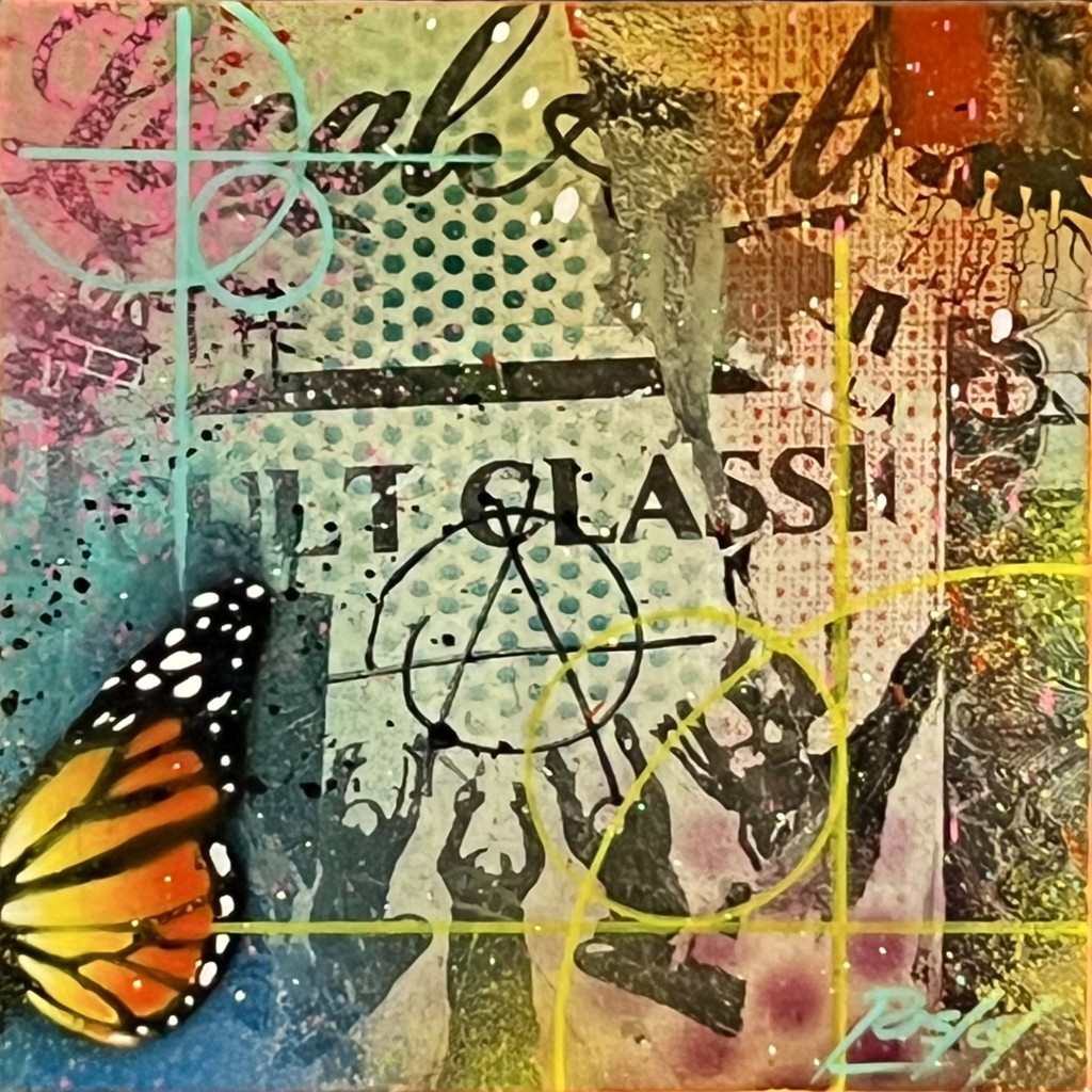 RISK DTA #2 x Travis Barker: Cropped orange butterfly over layered lettering and figures in turquoise, pink, and yellow.
