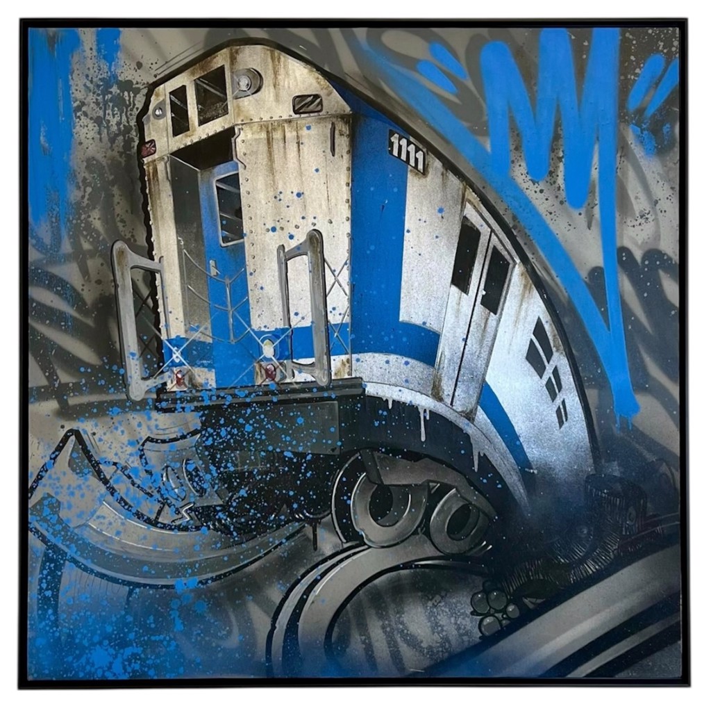 Orus Subway Series NYC Limited Edition 11:11 1/1 in Azul: curving blue-and-silver subway car surrounded by blue graffiti and splashes.