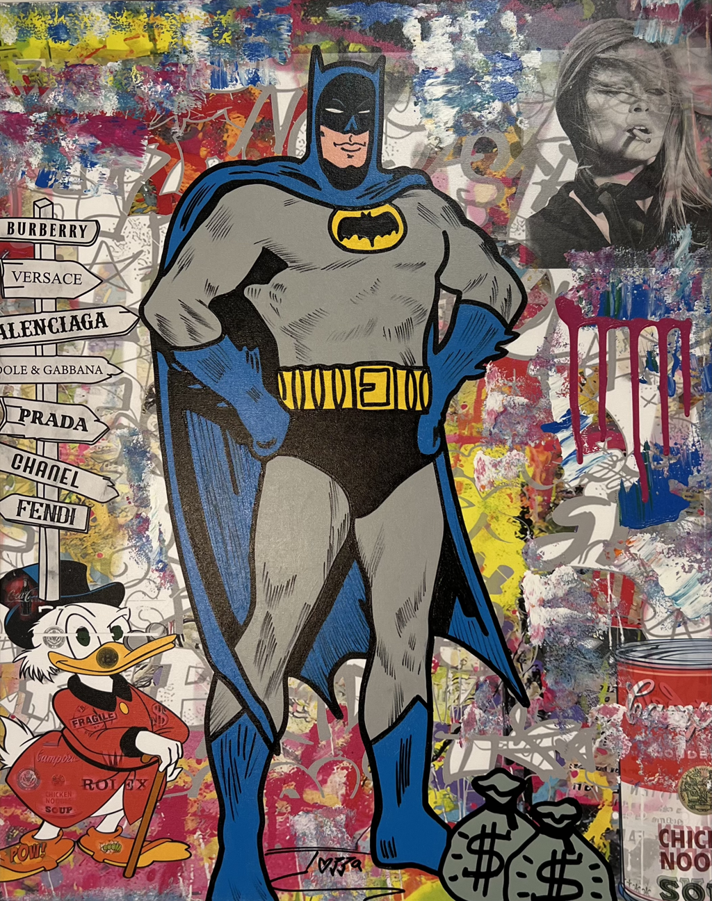 Jozza, Not Superman: Batman standing hands on hips in a gray suit and blue cape against colorful layered lettering and cartoon imagery.
