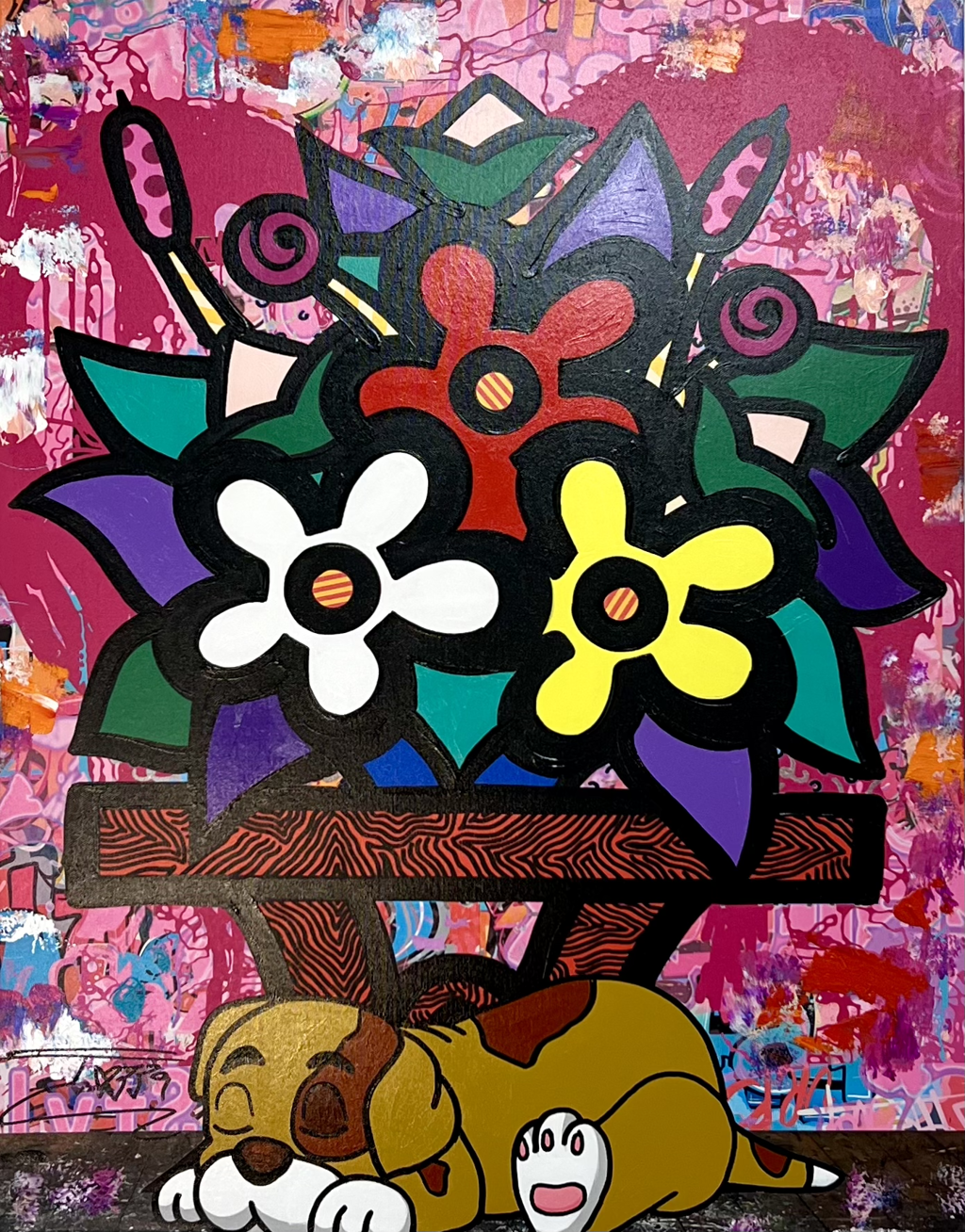 Jozza, My Living Room: bold red, yellow, and white flowers above a small table with a resting cartoon dog below.