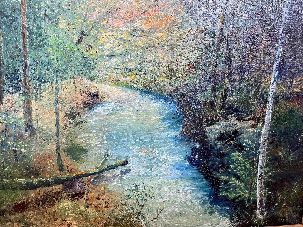 Lily Pad Gallery in Watch Hill, RI, offers this original impressionist oil painting of a landscape river by artist George Baptista as part of its fine art collection for sale.