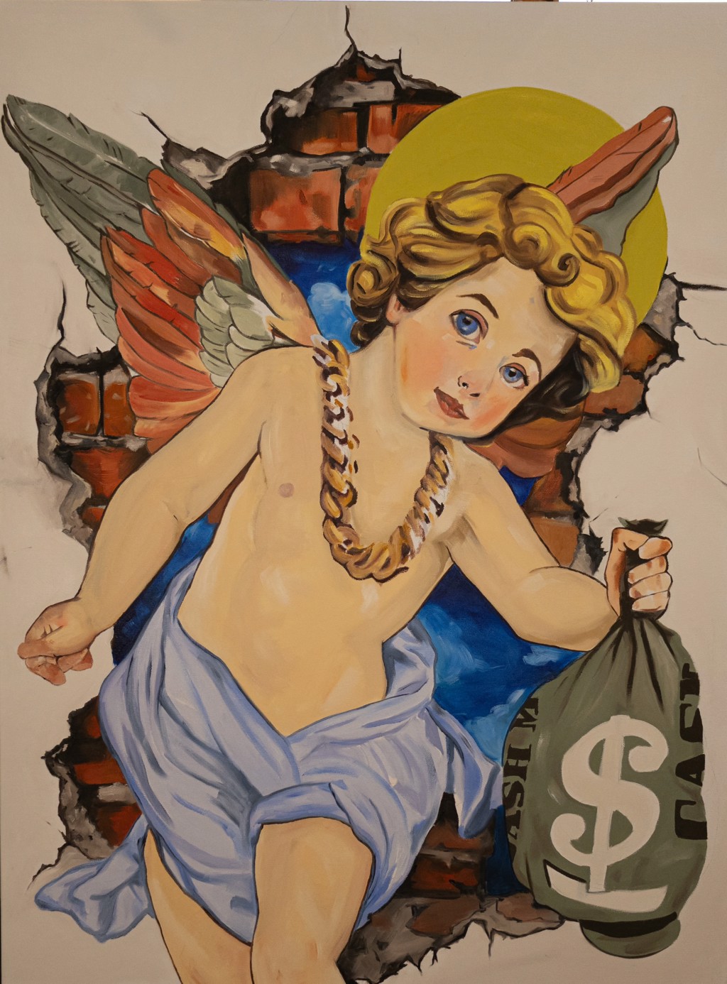 Josephine Giordano Ministering Spirits: winged child with a yellow halo and gold-colored chain carrying a money bag in front of cracked plaster and brickwork.