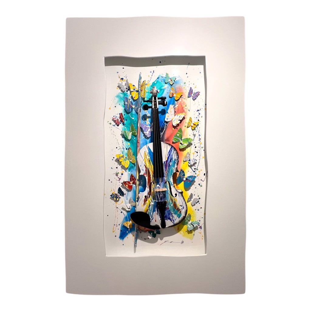 Oz El Hai Colorful Violin: dimensional violin and bow surrounded by colorful butterflies and bright paint within a white frame.