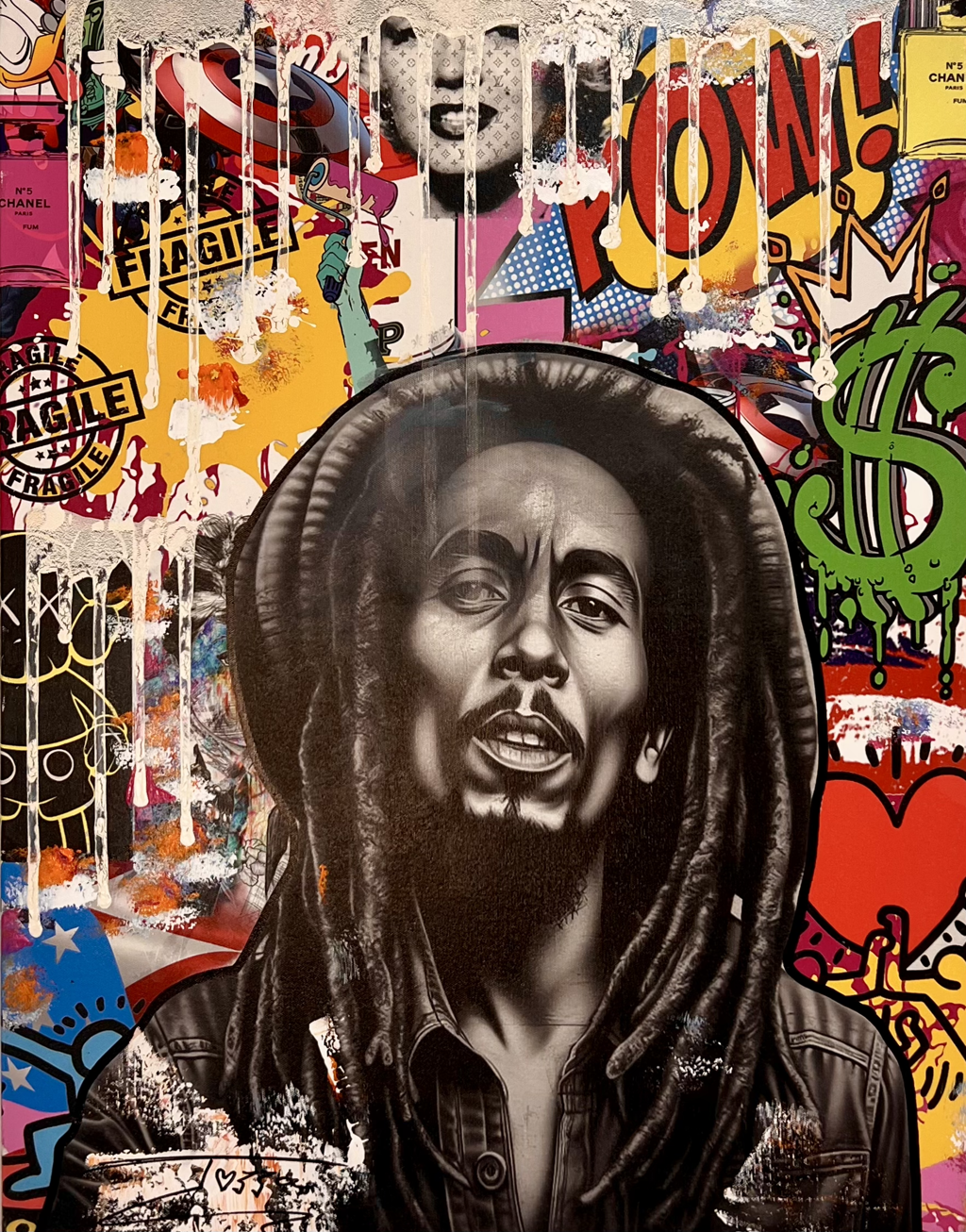 Jozza, Marley: monochrome Bob Marley portrait surrounded by colorful lettering, white drips, a red heart, and a green dollar sign.