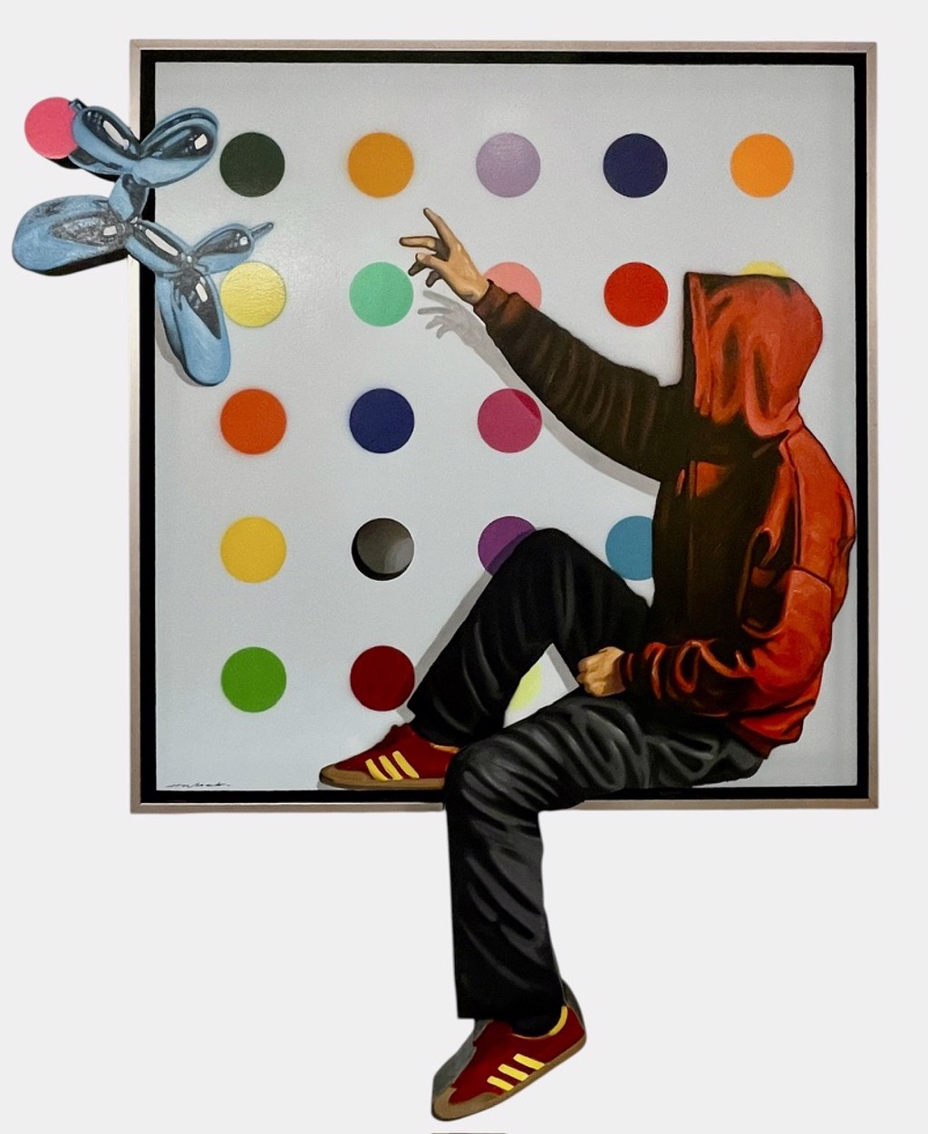 Hijack Fetching Ideas: a seated hooded figure reaches toward a blue balloon dog in front of a framed grid of colored dots.