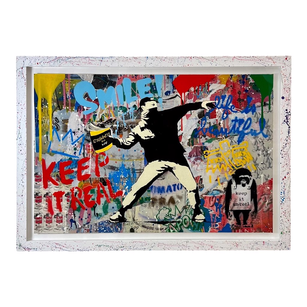 Mr. Brainwash Original Banksy Thrower: black-and-cream throwing figure over colorful graffiti and paint drips, surrounded by a splashed white frame.