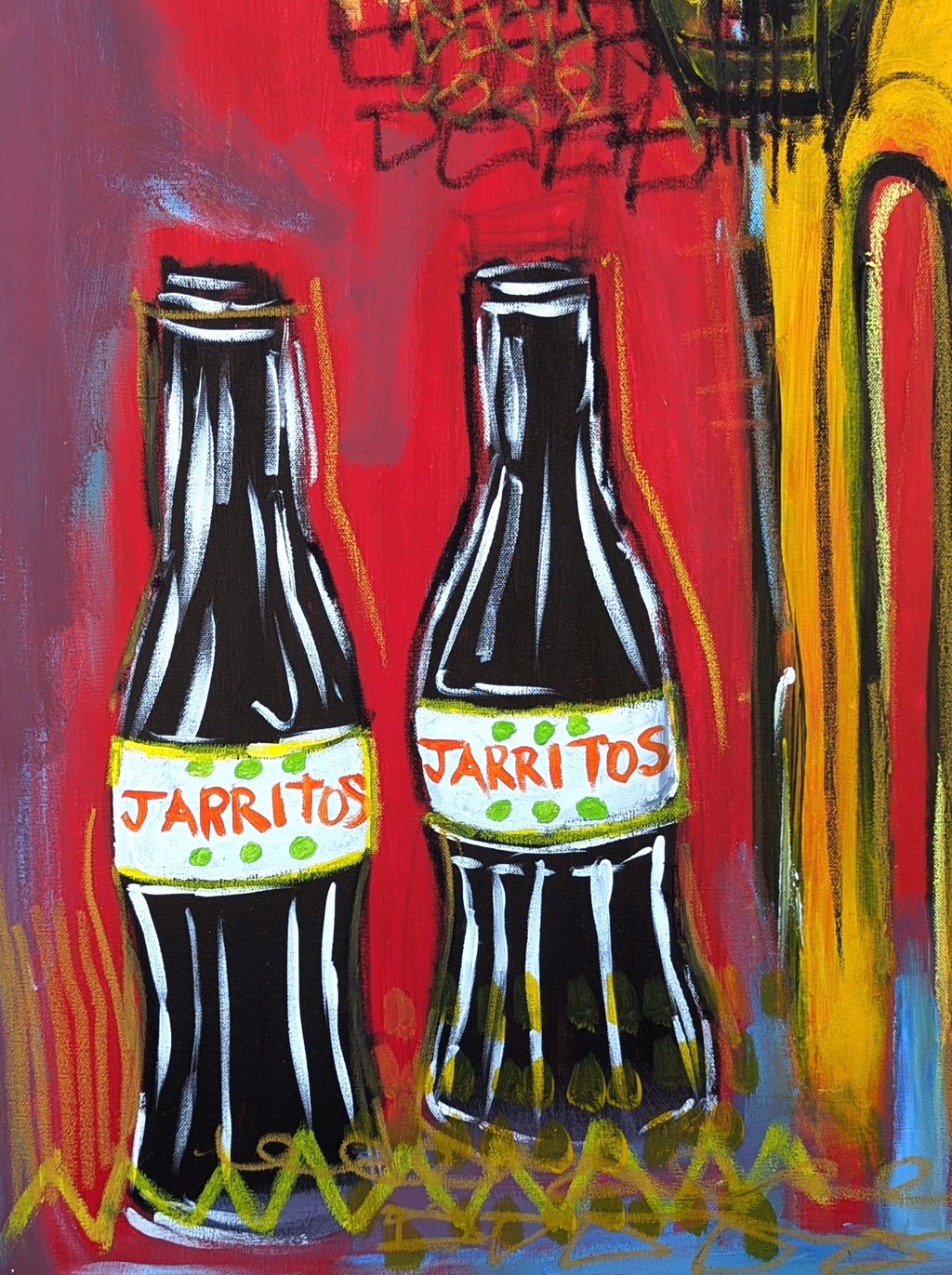 Contemporary Colorful Red Toned Abstract Longhorn and Jarritos Painting by Ramon Severino