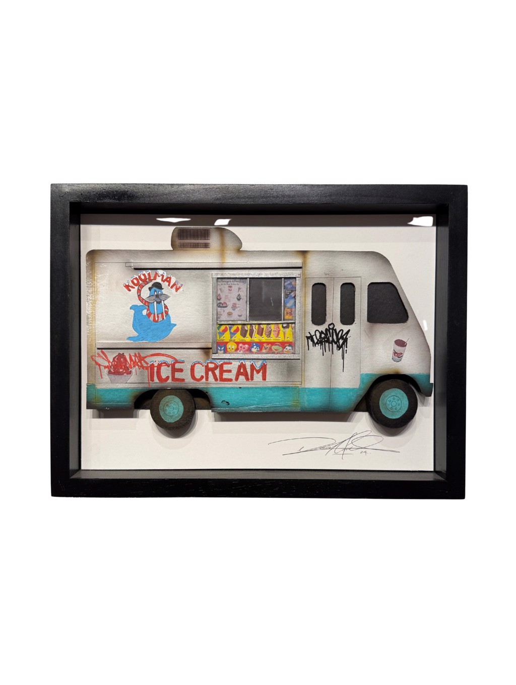 Danny Cortes Kool Man Truck: white-and-turquoise miniature ice-cream truck with menu graphics and graffiti in a black frame.