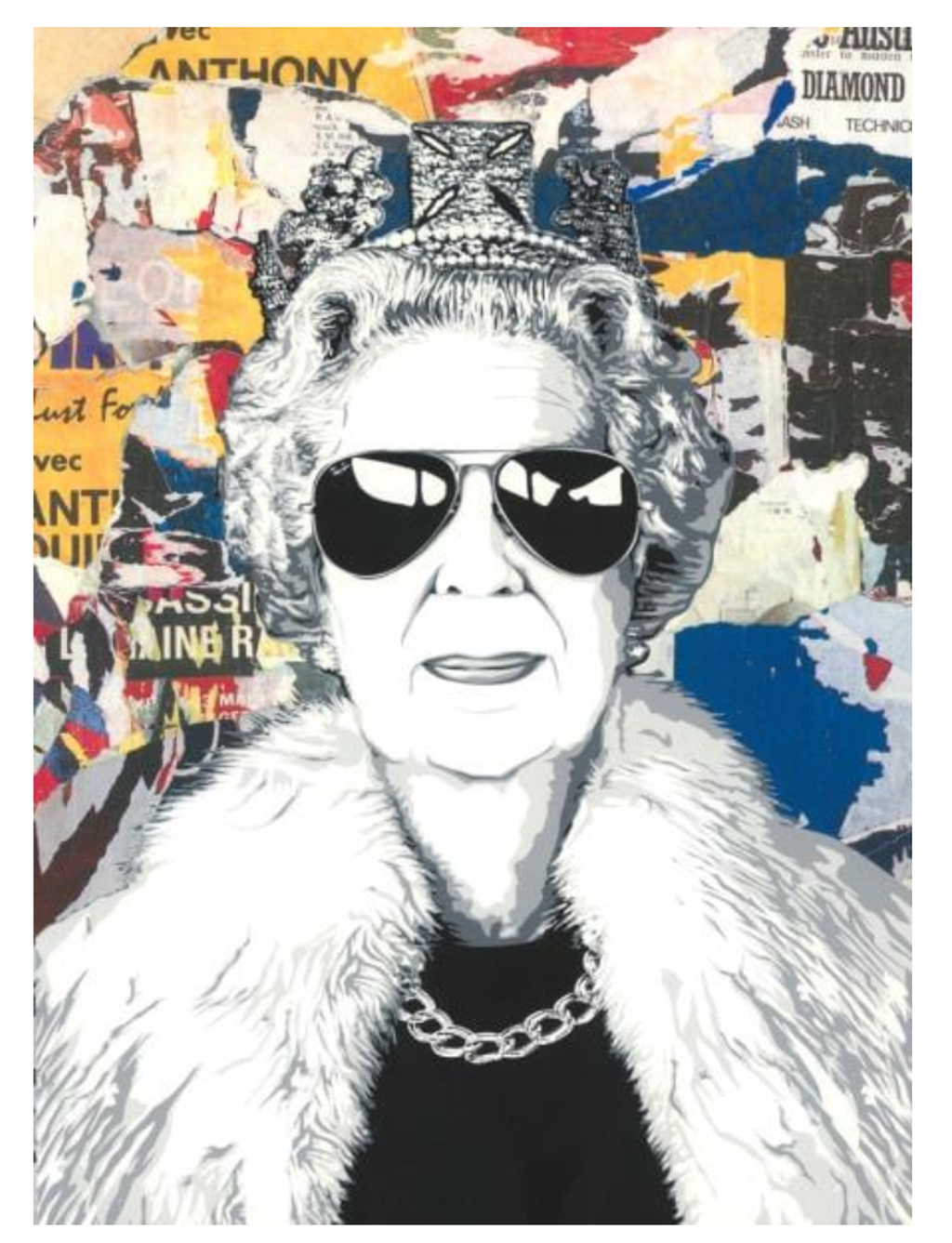 Mr. Brainwash Queen Aviator Hand Signed Unique (1/1): Queen Elizabeth II wearing a crown and aviator sunglasses against layered colorful posters.