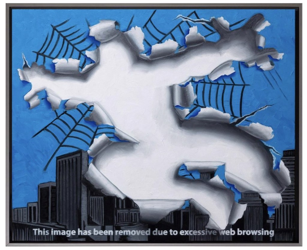 Hijack Browser artwork with a white cutout-like figure, black webs, and a dark city skyline against a blue background.