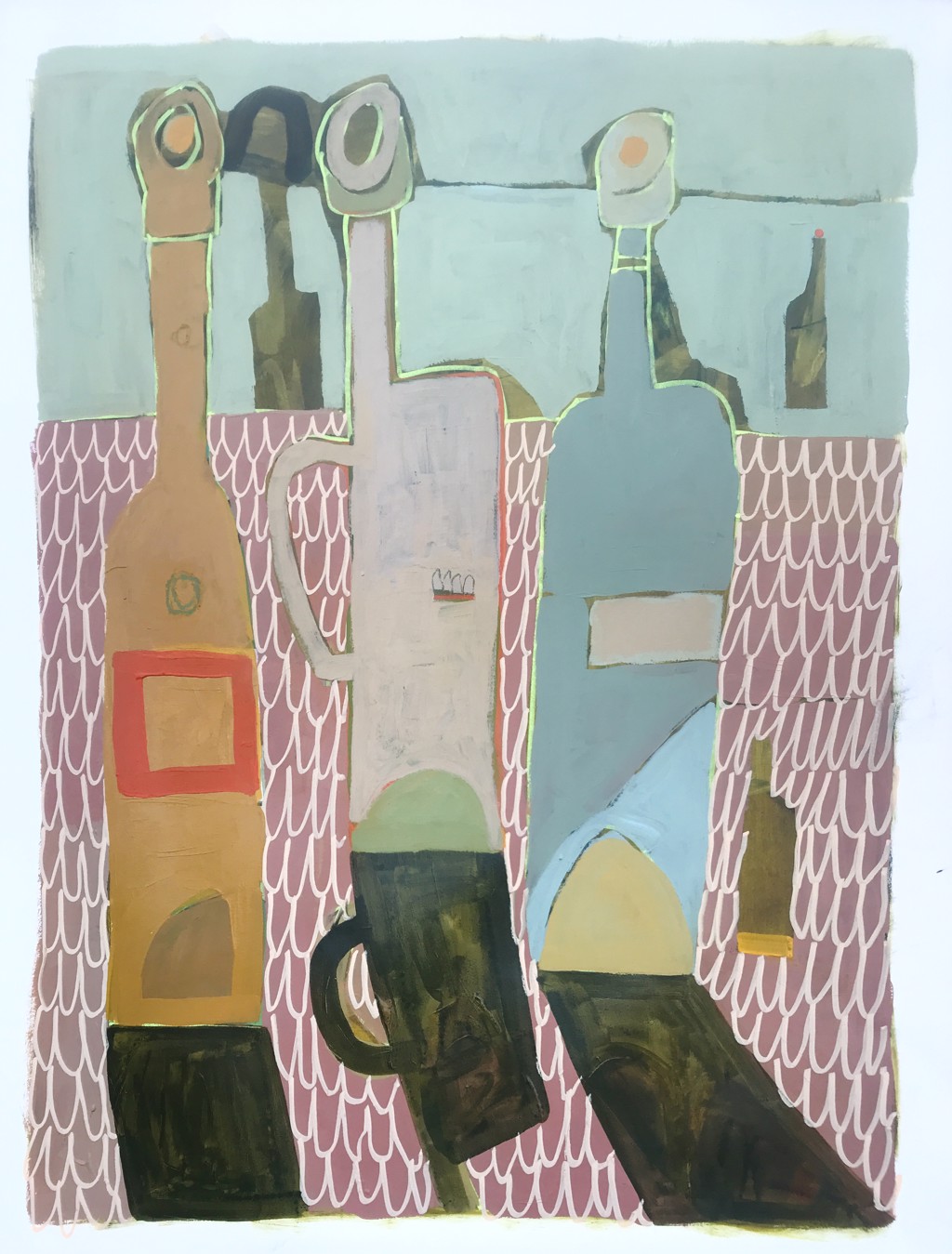 Bottles on Mauve Linen by Rachael Van Dyke