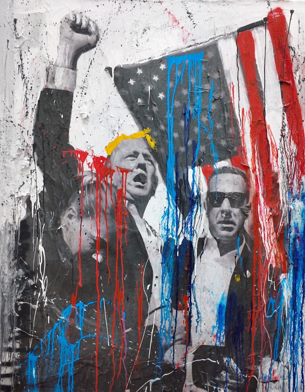 Andrew Cotton "Missed Trump": Donald Trump raising a fist beside a figure in sunglasses beneath an American flag, with red and blue paint drips.