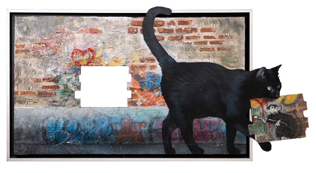 Hijack Banksy Cat: black cat stepping out of a framed graffiti wall while carrying a wall fragment with a rat image; a white gap remains behind.