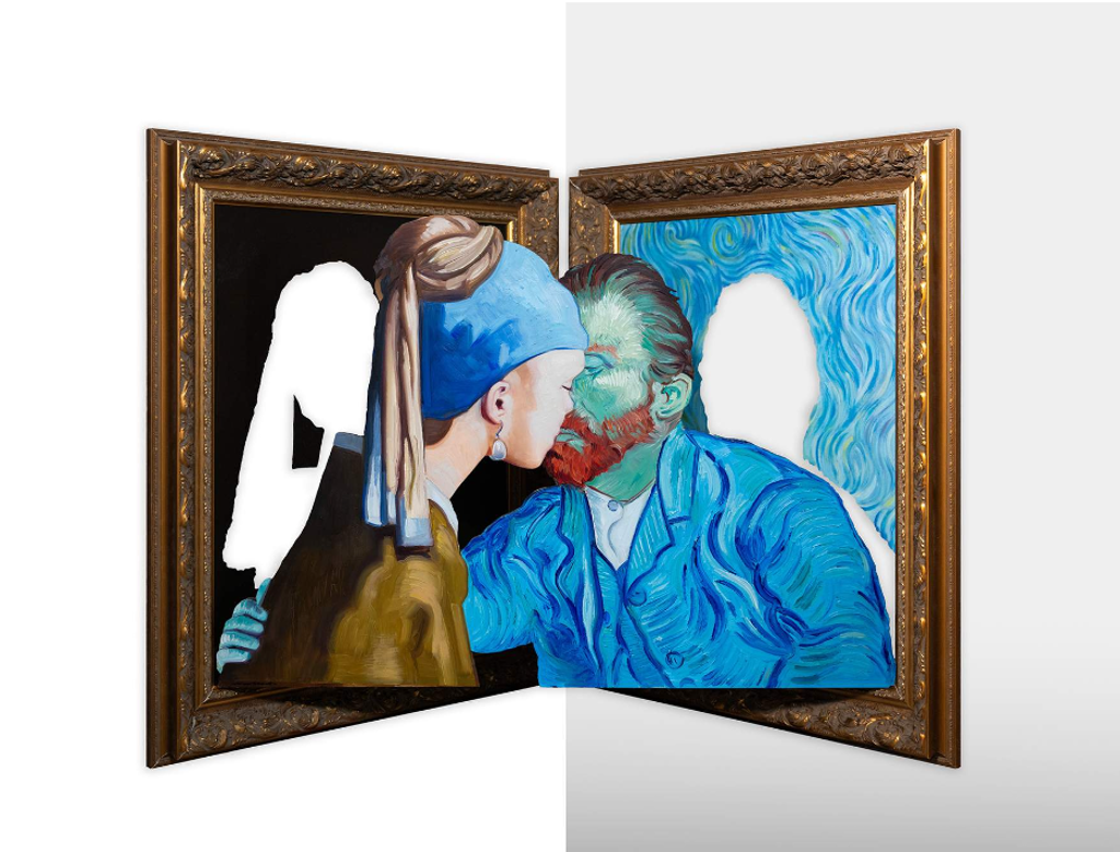 Hijack Kissing Booth: a woman in a blue headscarf and a red-bearded man lean out of adjoining ornate frames to kiss.