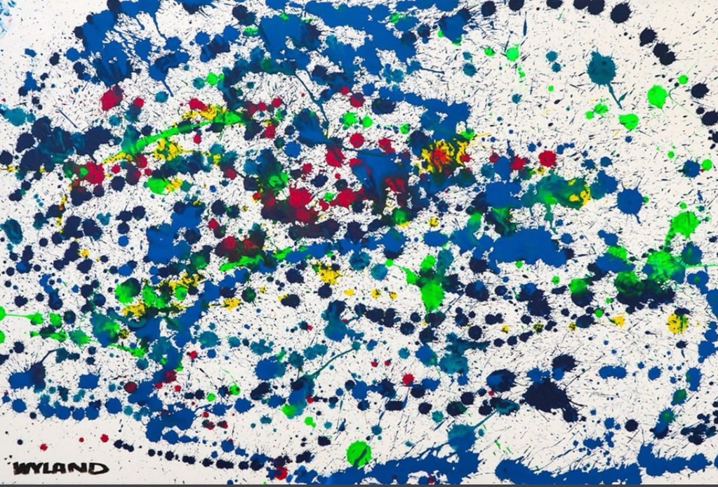 Wyland Abstract Drip: blue and navy splashes with bright green, yellow, and red accents on white paper.