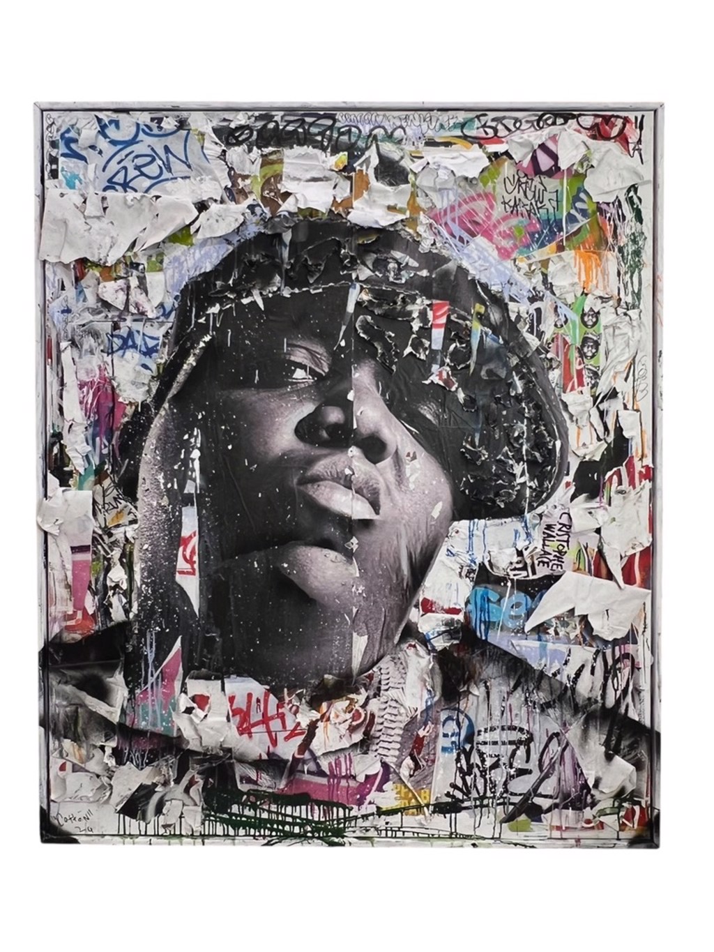 Andrew Cotton Biggie: grayscale Biggie portrait wearing a tilted hat amid torn-looking collage layers, graffiti lettering, and colorful marks.