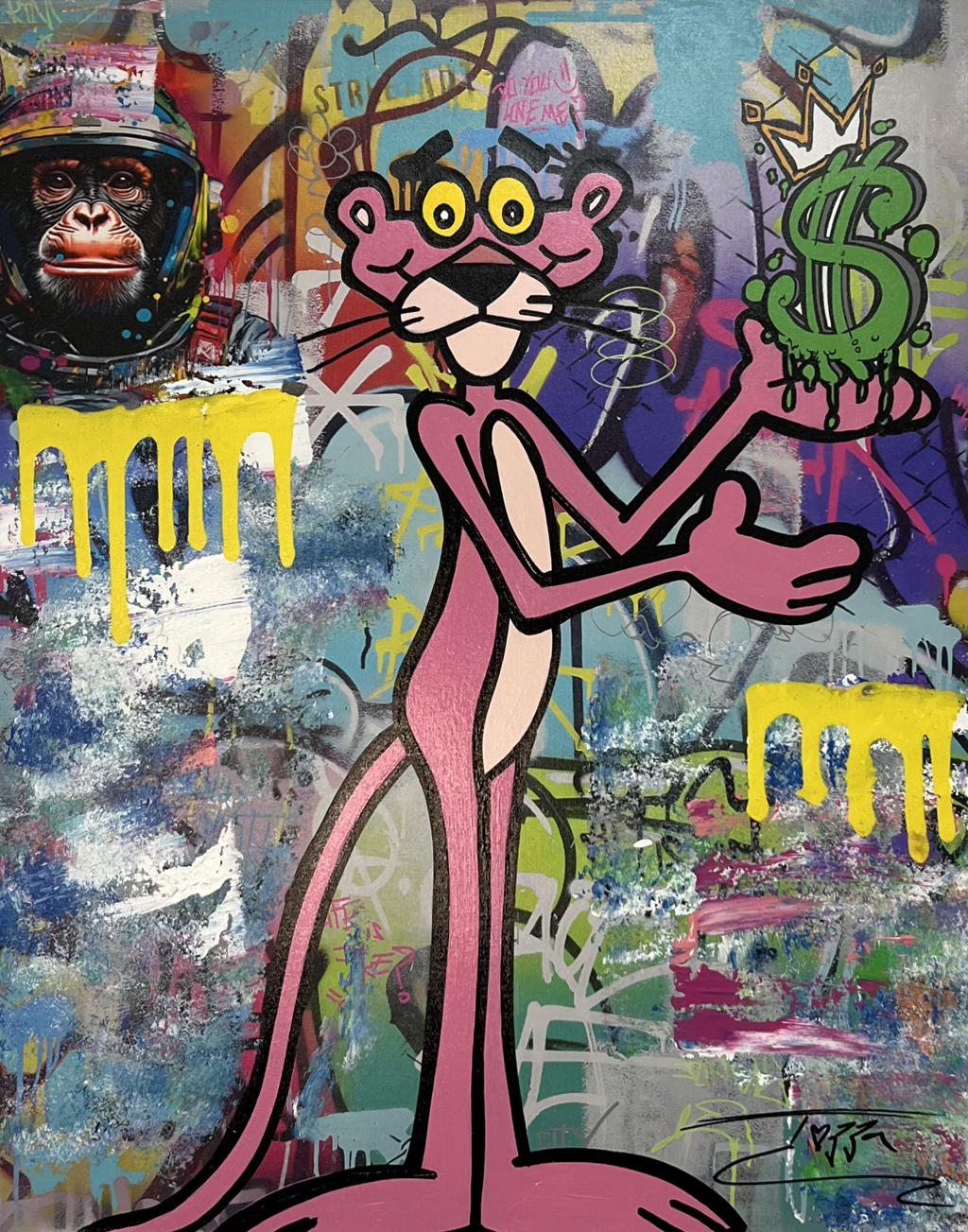 Jozza, Pink Day #2: Pink Panther gesturing beside a green dollar sign with yellow drips across a layered gray and blue background.