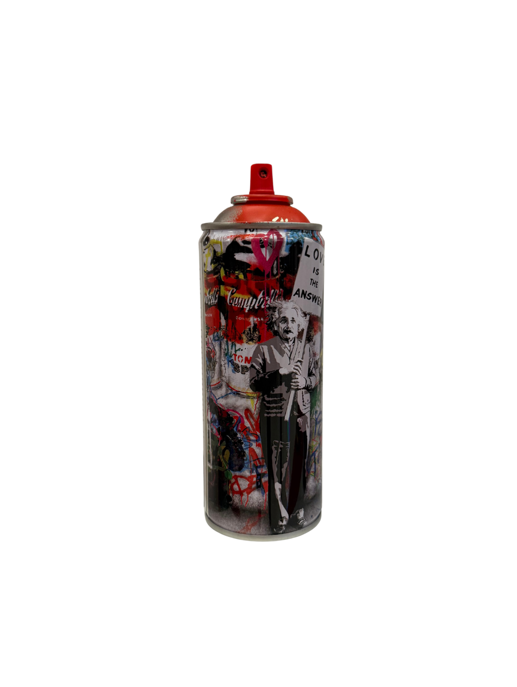 Mr. Brainwash, Love Is The Answer: spray can with a red nozzle and layered red, black, and white printed imagery.