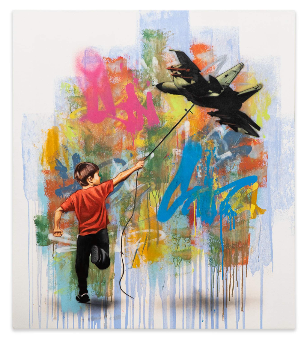 Hijack In-no-sense: a child in a red shirt runs with a string attached to a fighter jet against colorful graffiti and paint drips.