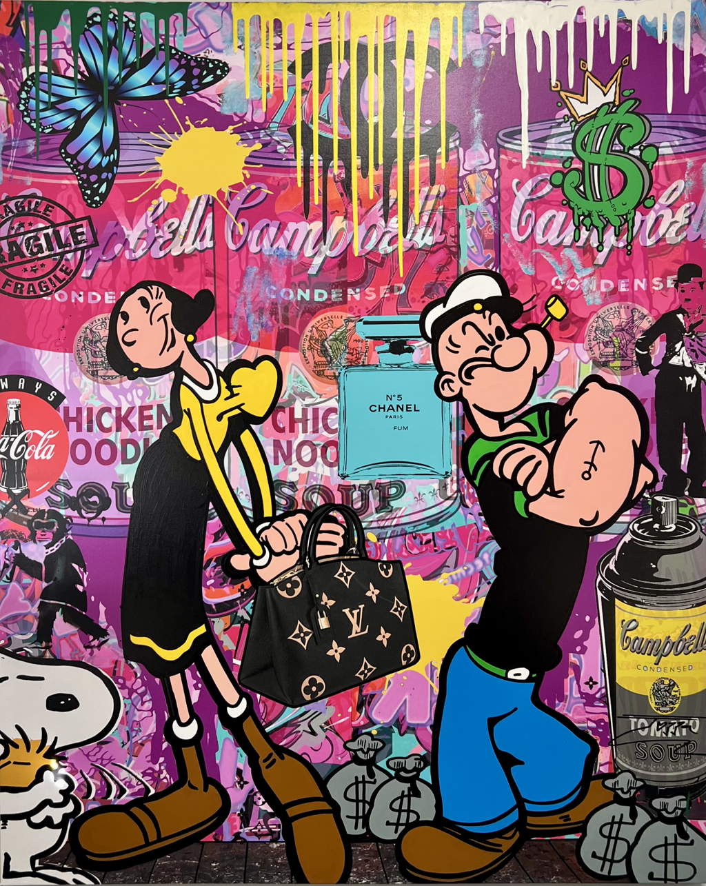 Jozza Chanel No 5 Collec: Popeye and Olive Oyl with a turquoise Chanel bottle, soup-can imagery, butterfly, and pink paint drips.