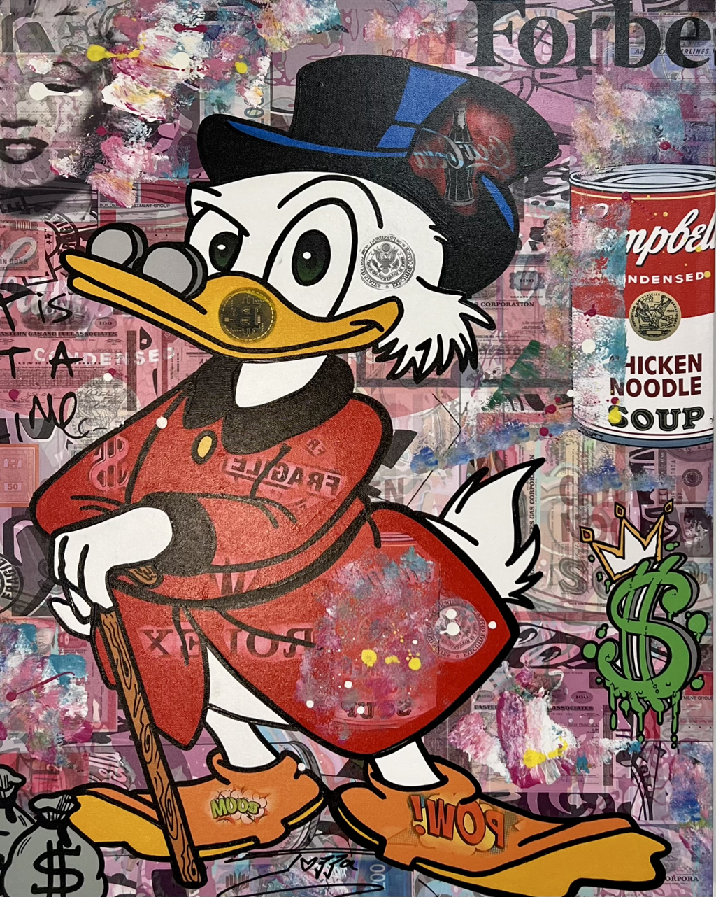 Jozza, About Money: Scrooge McDuck in a top hat and red coat with a cane, surrounded by dollar signs and layered graphics.