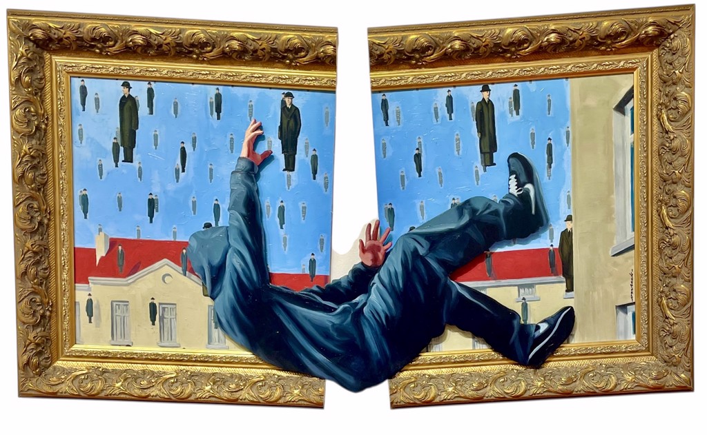 Hijack Fallout: a dark-clothed figure tumbles through a split gold frame in front of a blue sky filled with suspended figures.