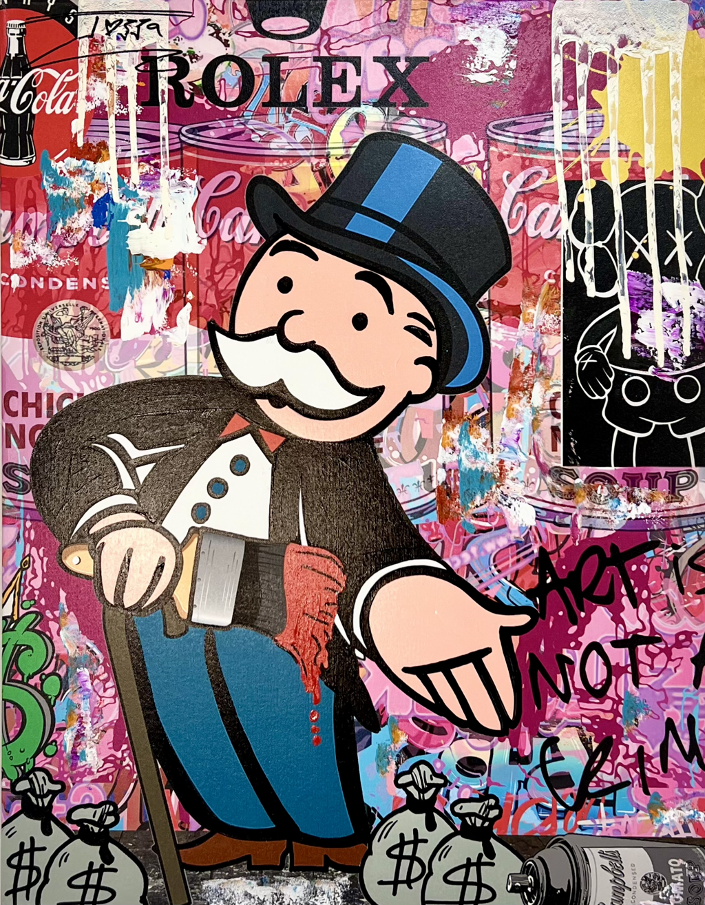 Jozza, Rolex: smiling Monopoly figure in a top hat above money bags, with Rolex lettering and white drips on pink.