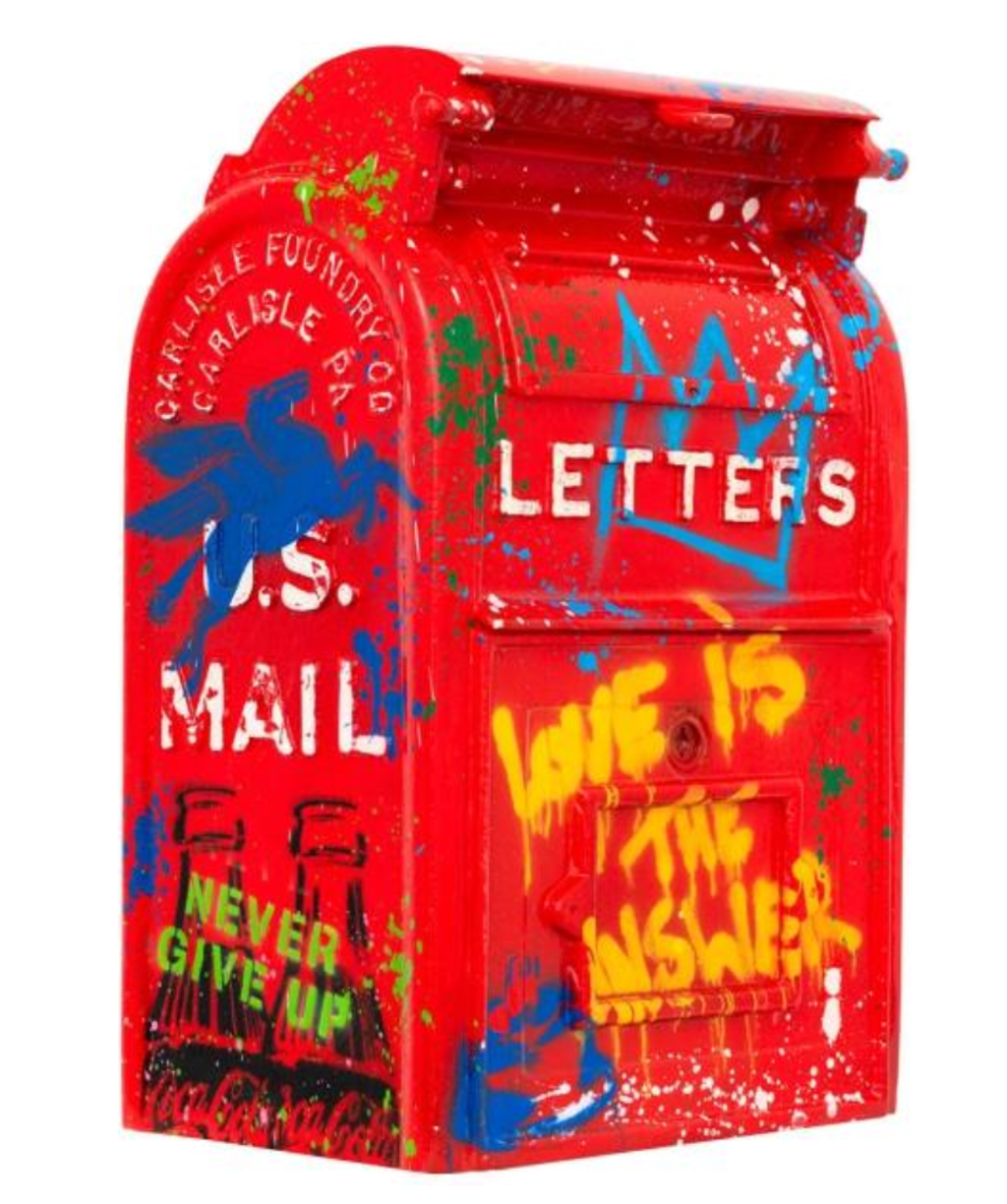 Mr. Brainwash Mailbox: red mailbox sculpture with a blue crown and yellow LOVE IS THE ANSWER lettering.