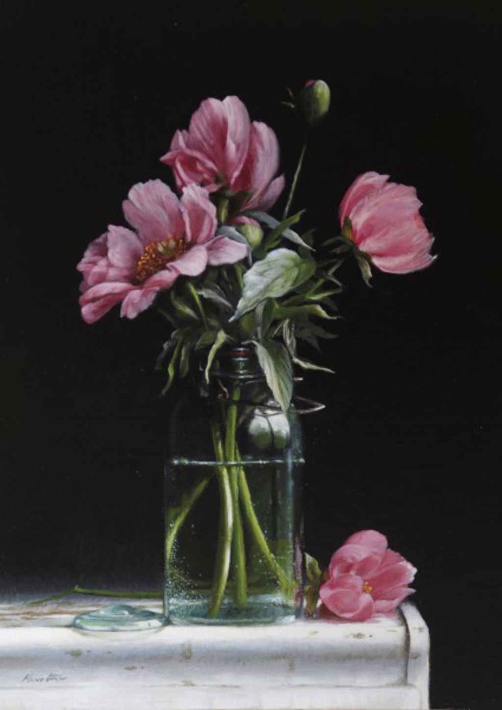Single Peonies in a Jar by Larry Preston