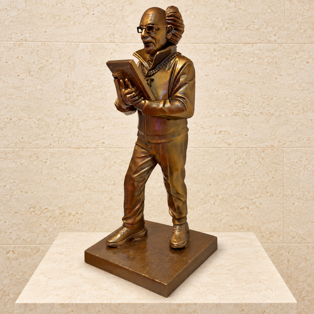 Matthew Snider MARKET SAVANT™ Hand-Painted Bronze-Finish 18-Inch Sculpture: bronze-toned resin figure of Peter Tuchman holding a device, wearing glasses and a chain, on a square base.