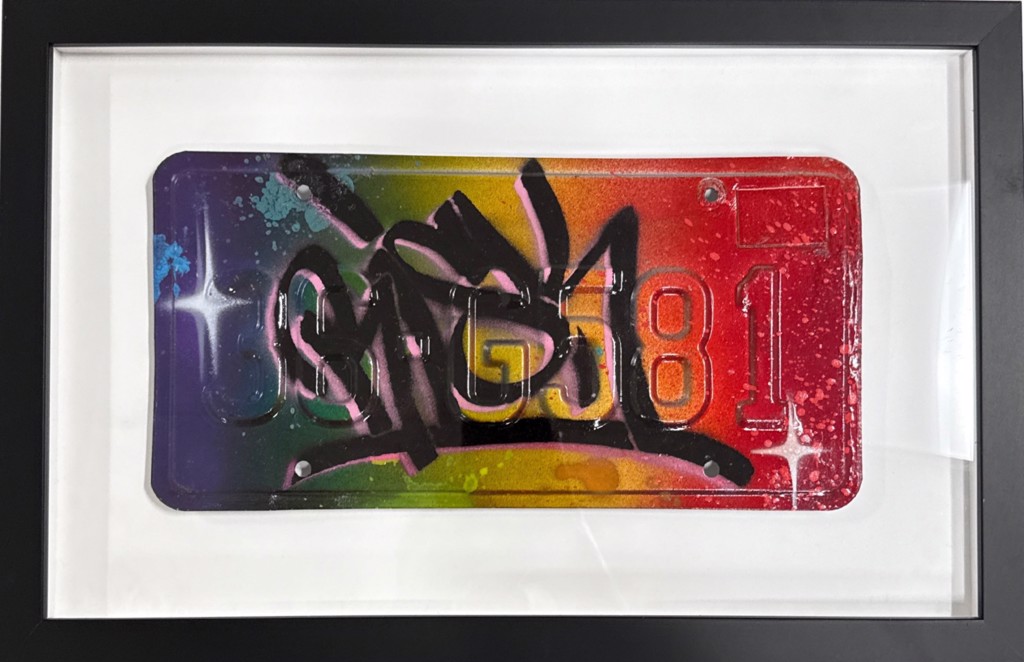 RISK, Risk Plate: license plate painted purple, blue, green, yellow, and red with bold black graffiti-style lettering.