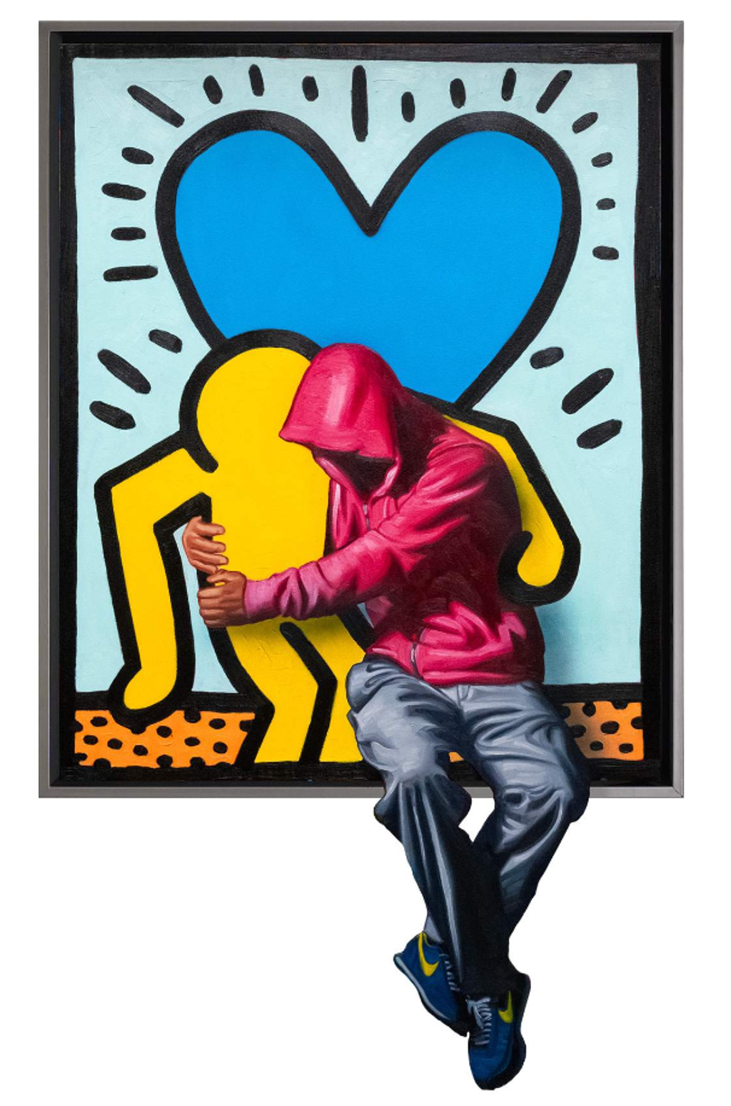 Hijack BFF: a seated figure in a red hoodie embraces a yellow outlined figure beneath a large blue heart.
