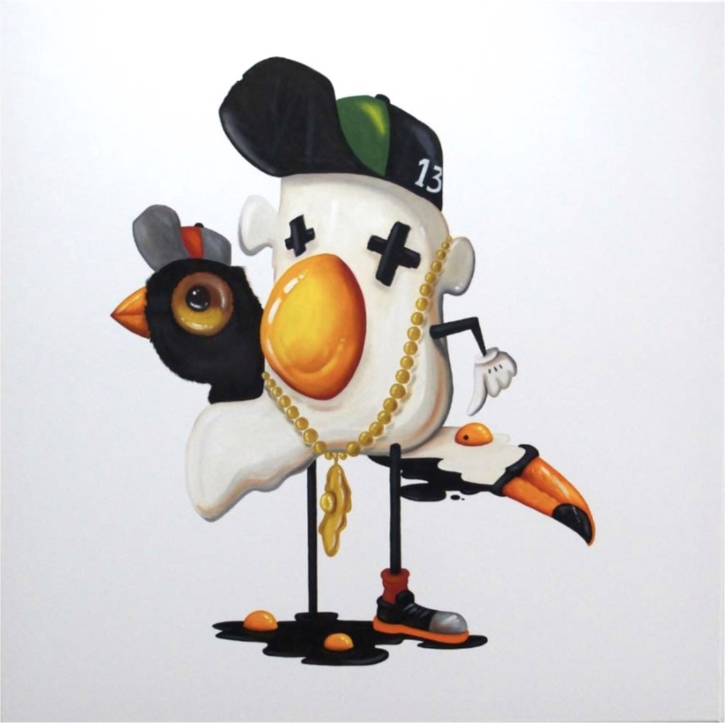 Shahram "Aliz" Alizadeh Mr. Eggo: egg-shaped character with cross eyes, black cap, gold-toned chain, and orange yolk beside a black bird-like figure.