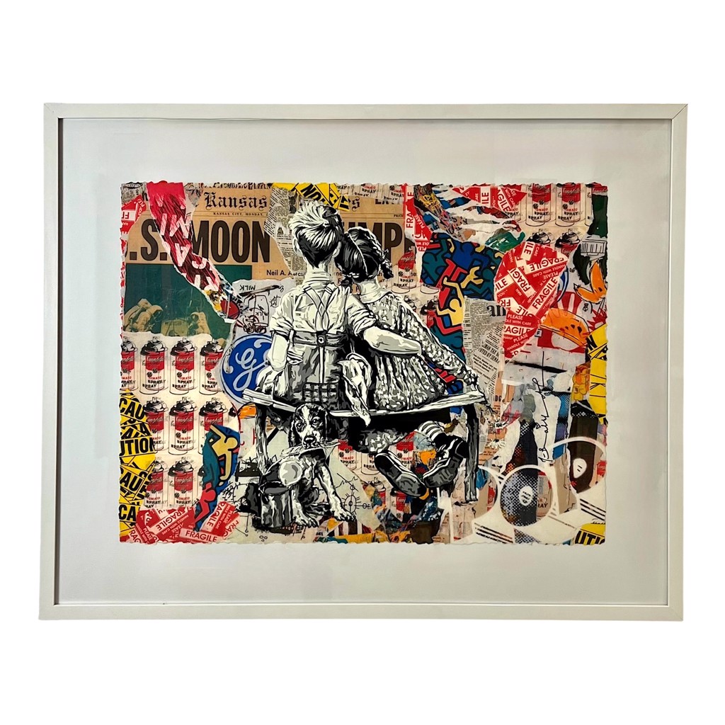Mr. Brainwash Work Well Together Hand Signed Unique (1/1): two children on a bench with a dog amid soup cans, caution tape, and red FRAGILE labels.