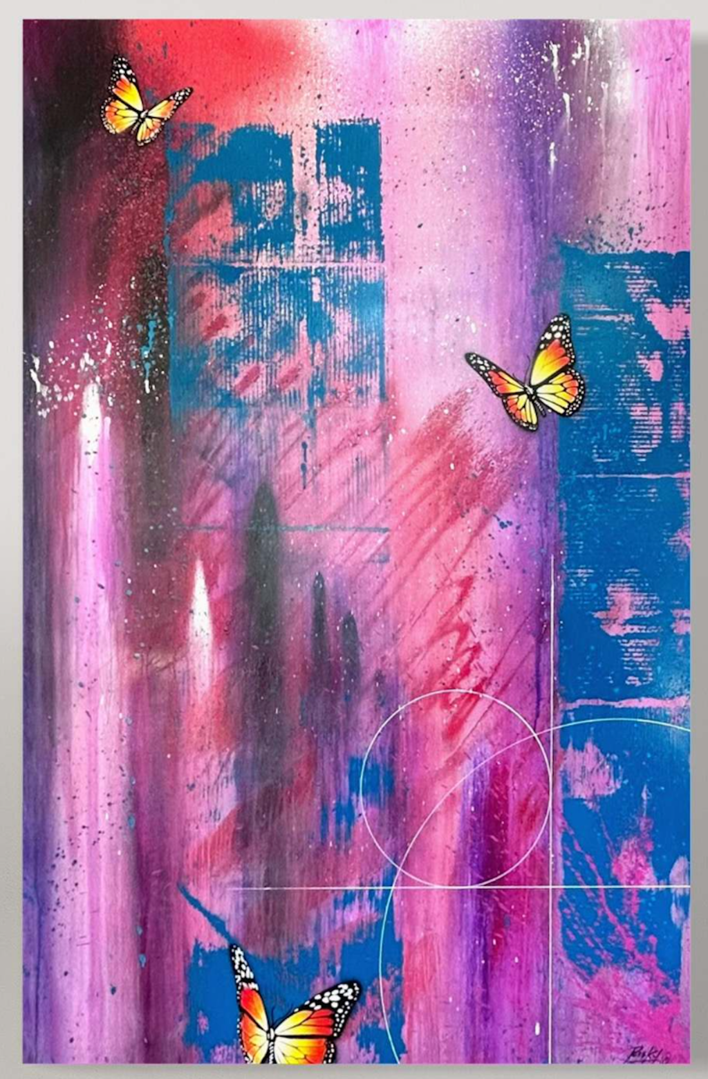 RISK Abstract #1: yellow butterflies over layered pink, purple, and turquoise paint with drips and looping marks.