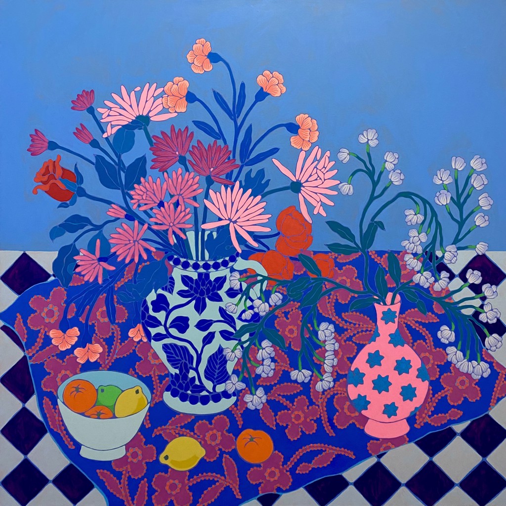 Bodega Bouquet on Tablecloth by Sarah Ingraham | Portland Art Gallery