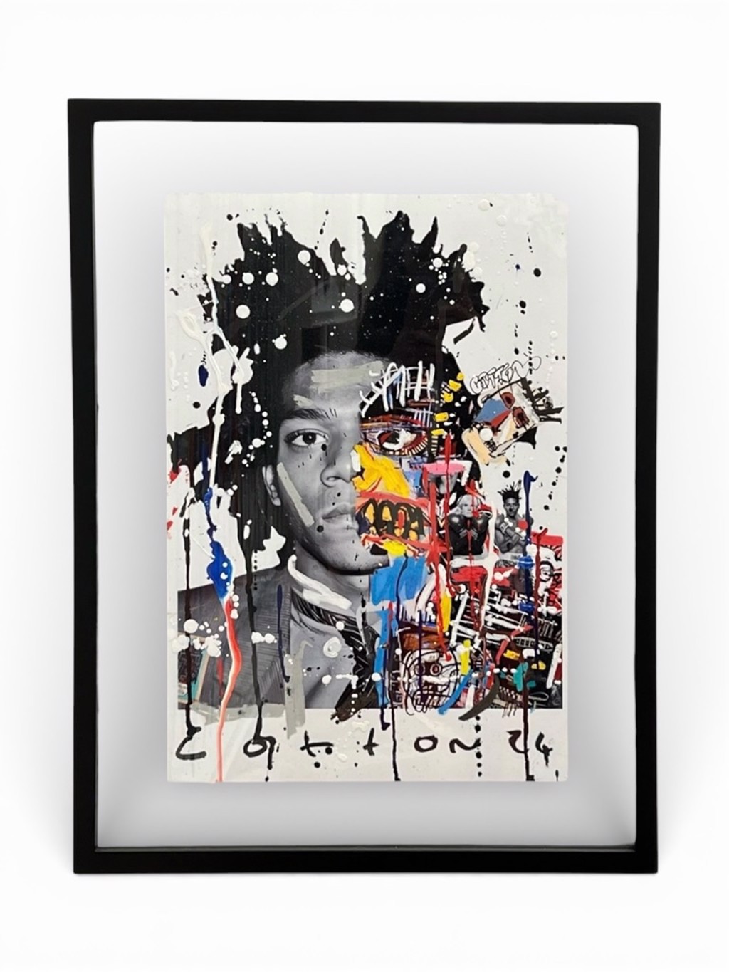 Andrew Cotton Basquiat: Jean-Michel Basquiat portrait with colorful graphics covering one side, black splashes, and vertical paint drips.