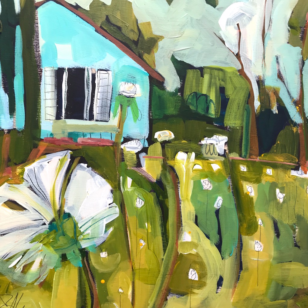Teal House with Dandelions by Rachael Van Dyke