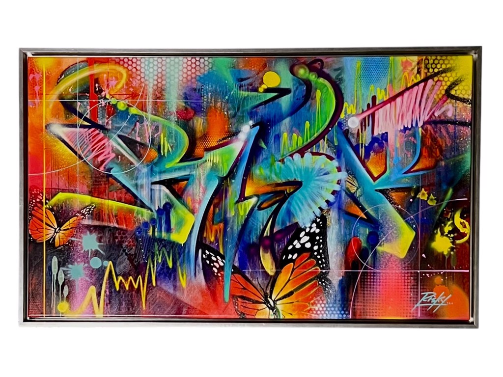 RISK Risk RIOT Tag: multicolored angular graffiti lettering with monarch butterflies, a blue bird, and dripping paint.