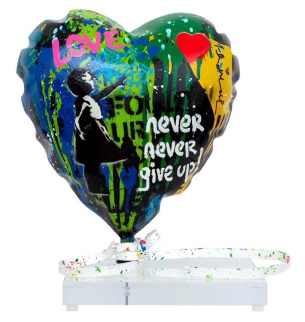 Mr. Brainwash Balloon Heart sculpture with a girl reaching toward a red heart, pink LOVE lettering, and an acrylic base.
