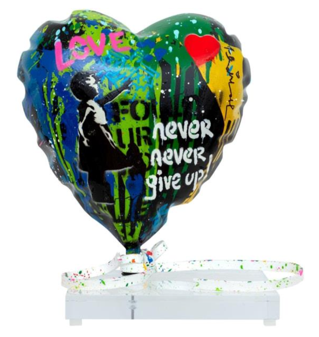 Mr. Brainwash Balloon Heart sculpture with a girl reaching toward a red heart, pink LOVE lettering, and an acrylic base.
